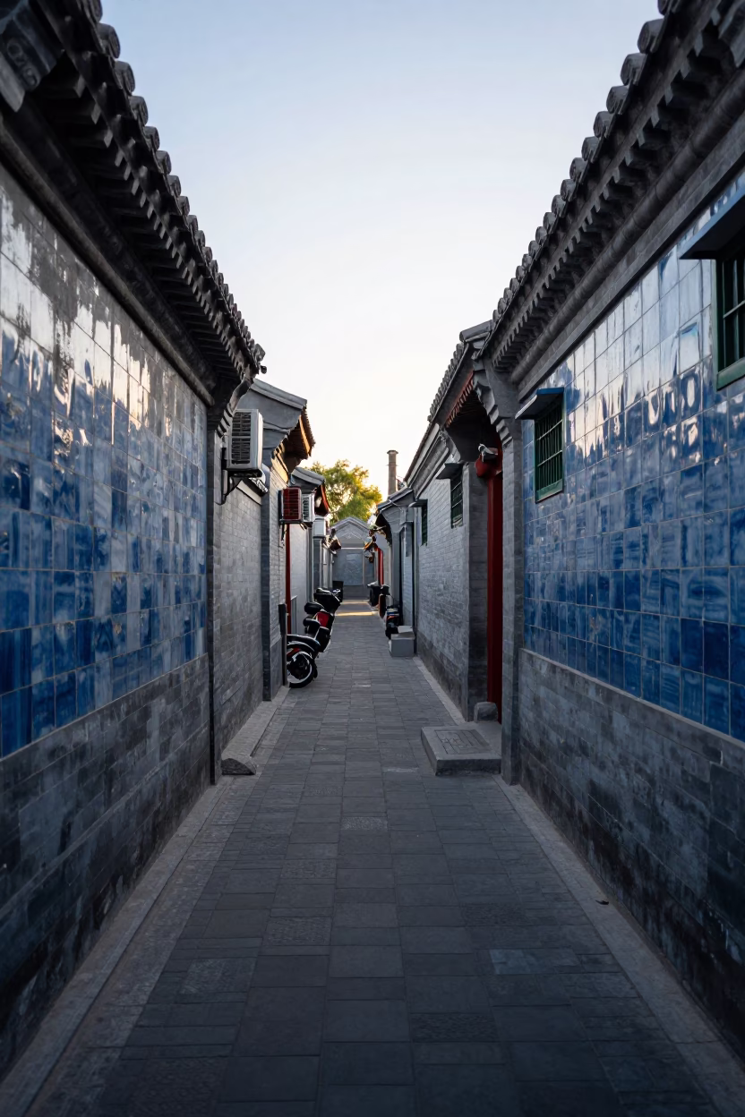 Late Afternoon Beijing Hutong Alleyway Ceramic Tiles and Traditional Doorframe in in Beijing, China