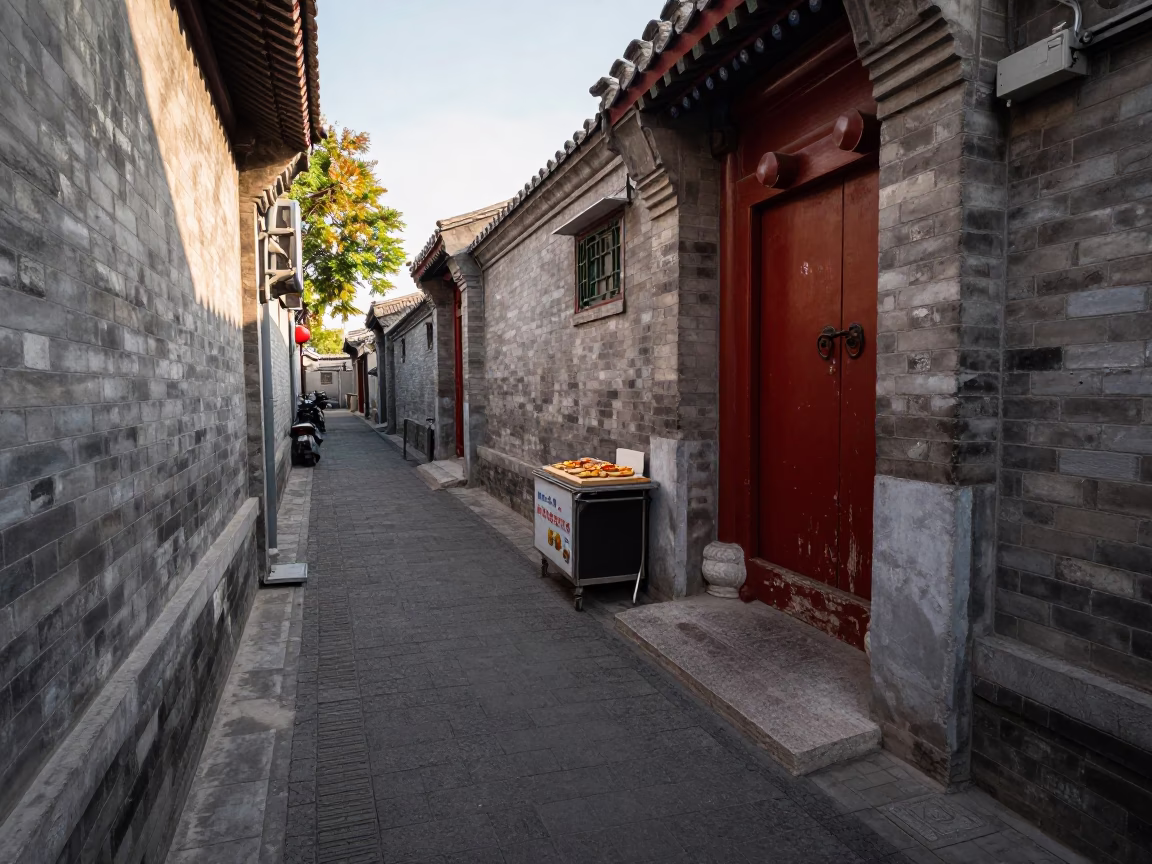 Late Afternoon Beijing Hutong Alleyway with Wooden Bruschetta Board and Aloe Vera Plant in in Beijing, China