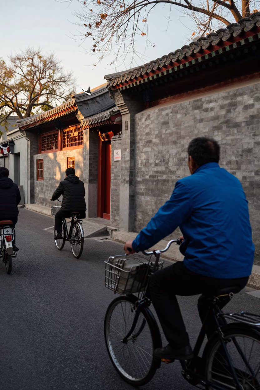 Late Afternoon Beijing Street Scene with Bicycle and Traditional Architecture in in Beijing, China