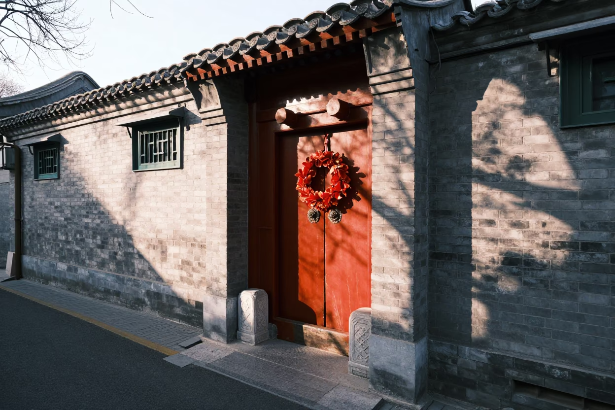 Late Afternoon Beijing Street Scene with Traditional Door Wreaths and Urban Life in in Beijing, China