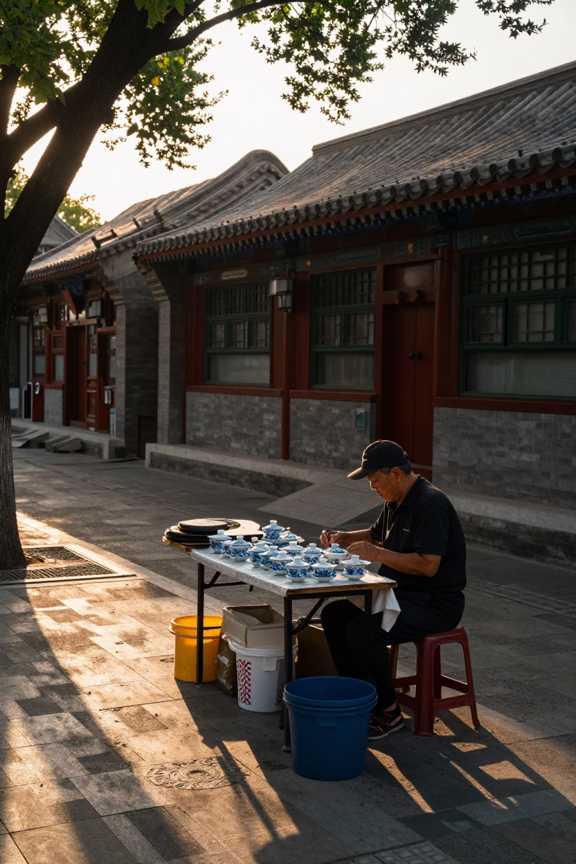 Late Afternoon Beijing Street Scene with Traditional Teacups and Urban Details in in Beijing, China