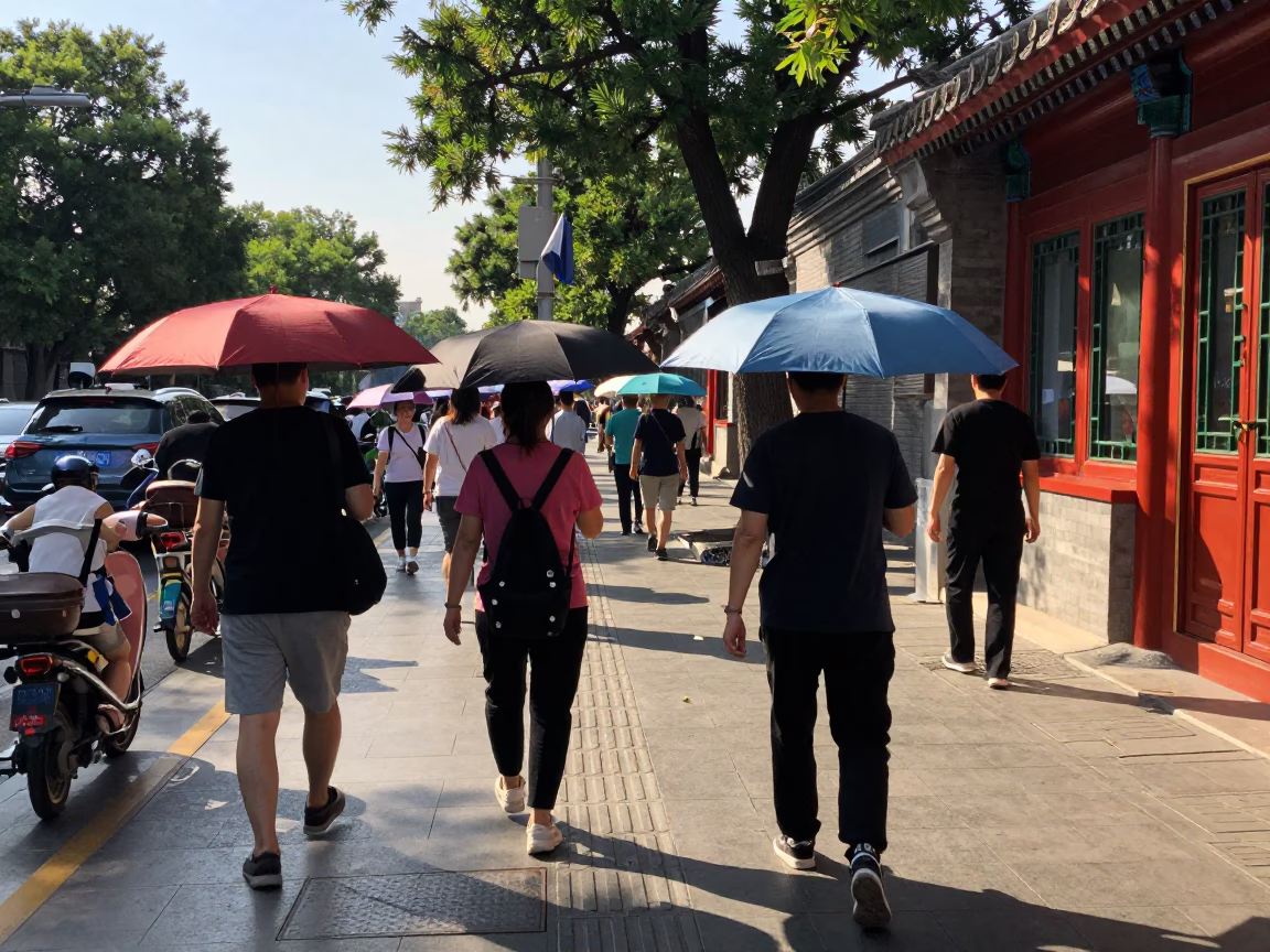 Late Afternoon Beijing Street Scene with Umbrellas and Sunlight in in Beijing, China