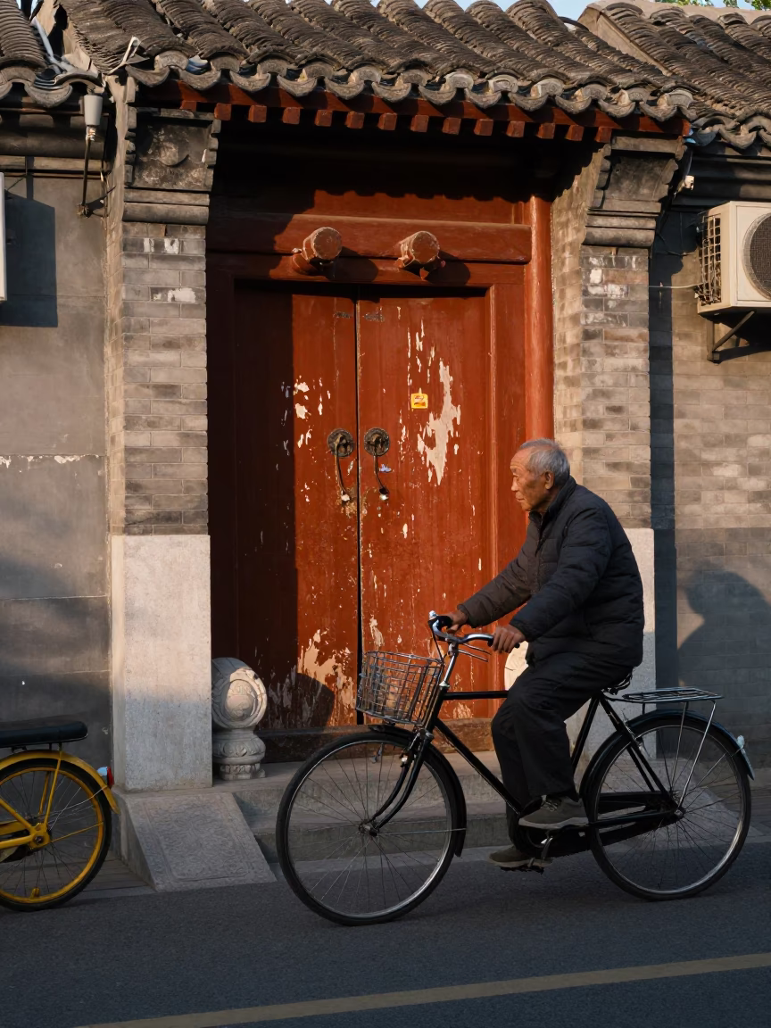 Late Afternoon Beijing Street Scene with Vintage Bicycle and Traditional Hutong Architecture in in Beijing, China