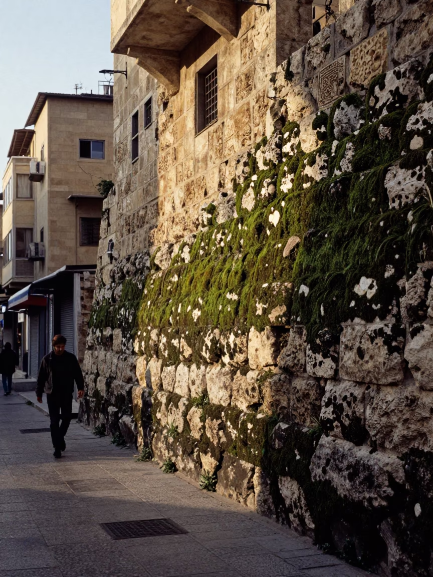 Late Afternoon Beirut Street Scene with Mossy Stone Wall and Sunlight in in Beirut, Lebanon