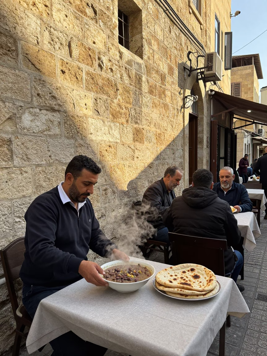 Late Afternoon Beirut Street Scene with Traditional Fasolia Bean Stew and Bread in in Beirut, Lebanon