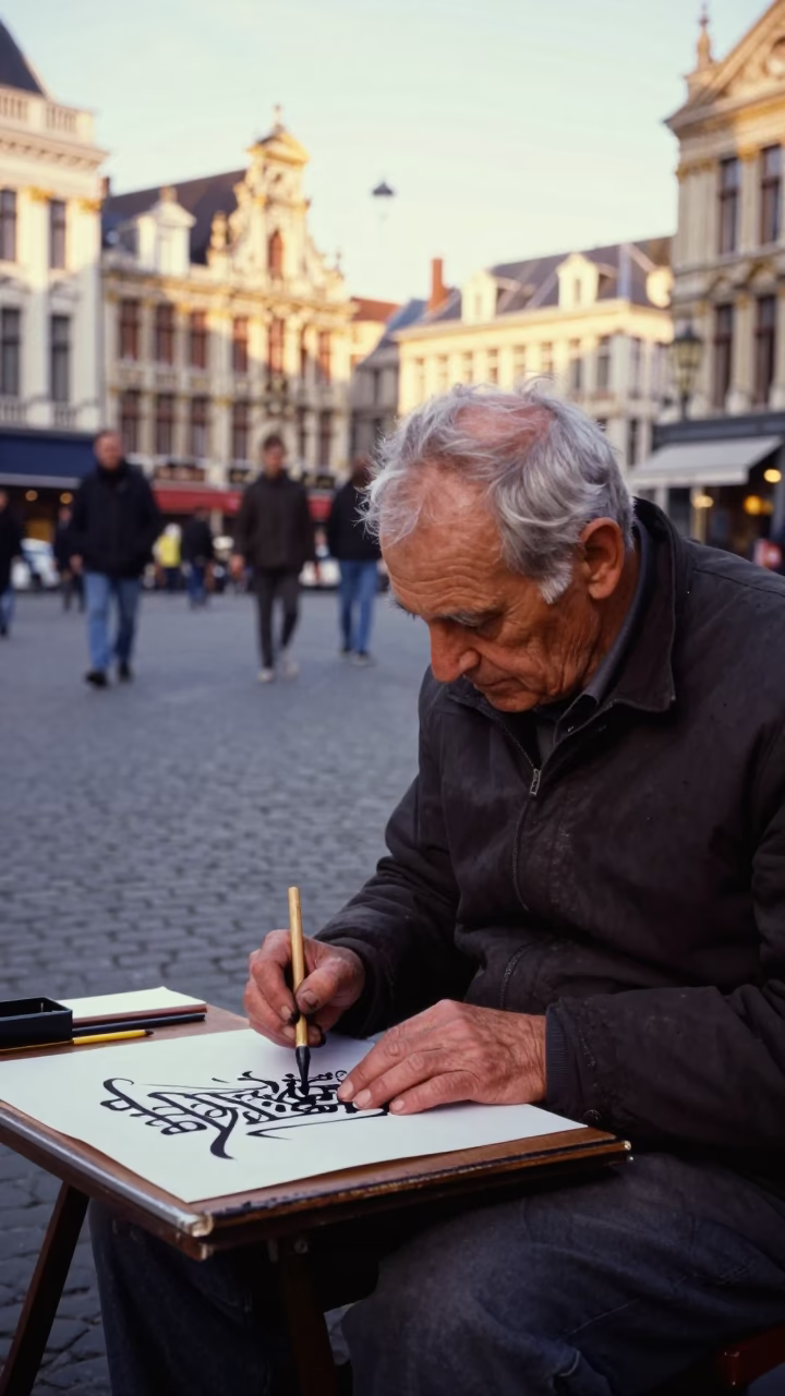 Late Afternoon Belgian Street Scene with Elderly Calligrapher and Raspberries in Brussels in in Brussels, Belgium