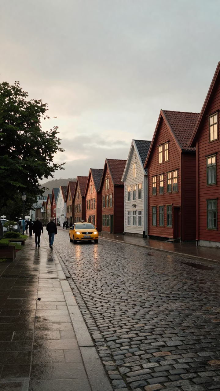 Late Afternoon Bergen Norway Cobblestone Street Scene with Wooden Wharf Buildings and Yellow Taxi in in Bergen, Norway