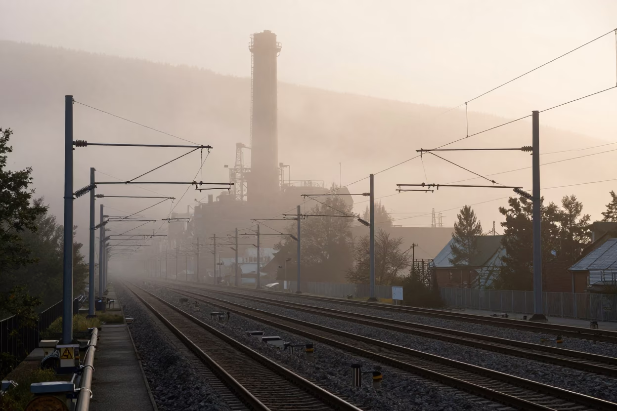 Late Afternoon Bergen Norway Rail Catenary System Through Industrial Fog with Freight Train Lumber in in Bergen, Norway