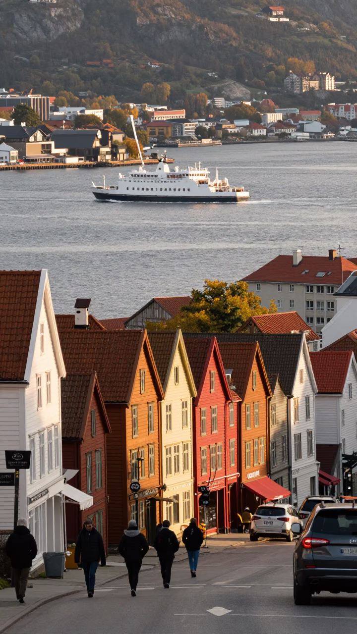 Late Afternoon Bergen Norway Street Scene with Colorful Houses and Ferry in in Bergen, Norway
