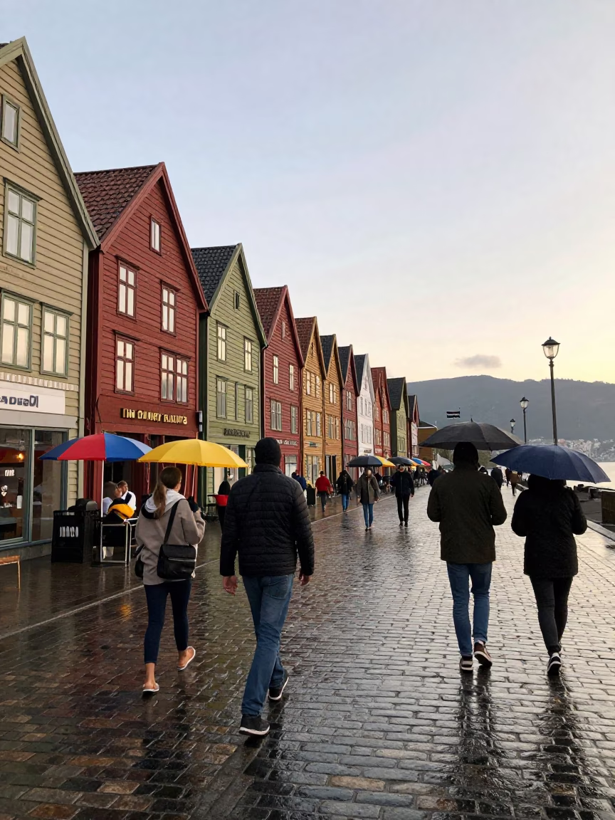 Late Afternoon Bergen Norway Street Scene with Colorful Umbrellas and Cobblestone Path in in Bergen, Norway