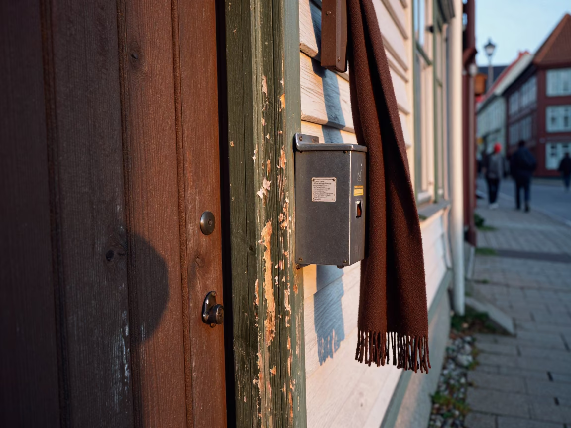 Late Afternoon Bergen Norway Street Scene with Lockbox and Scarf Detail in in Bergen, Norway