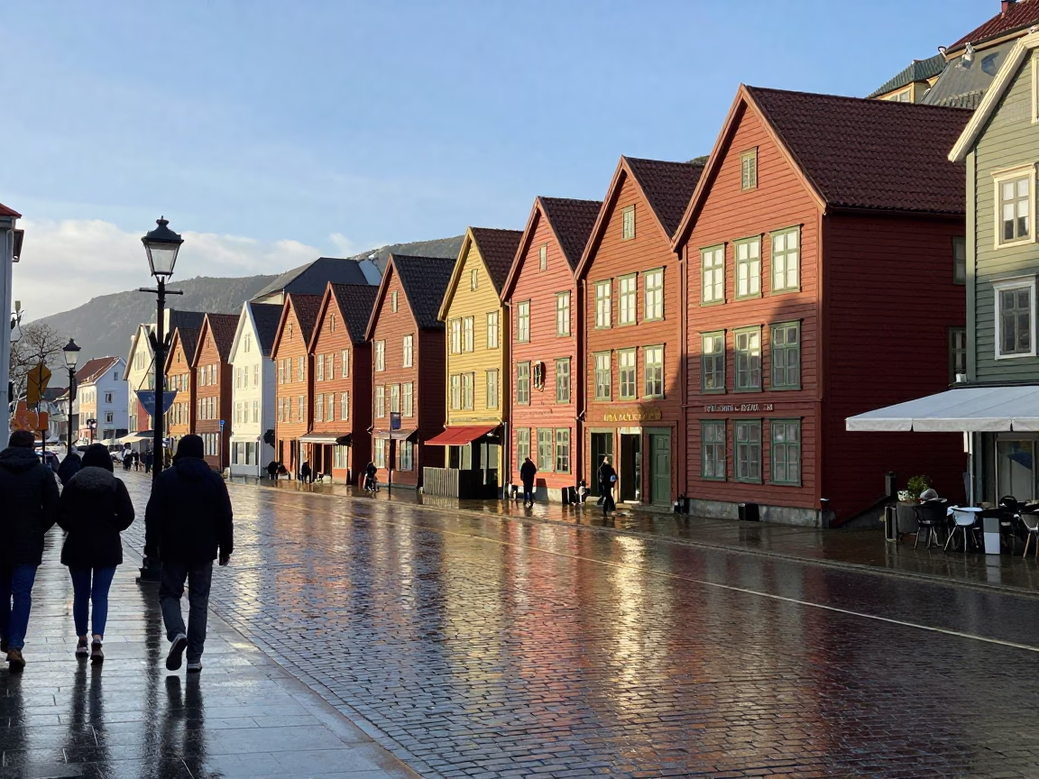 Late Afternoon Bergen Norway Street Scene with Rain and Urban Details in in Bergen, Norway