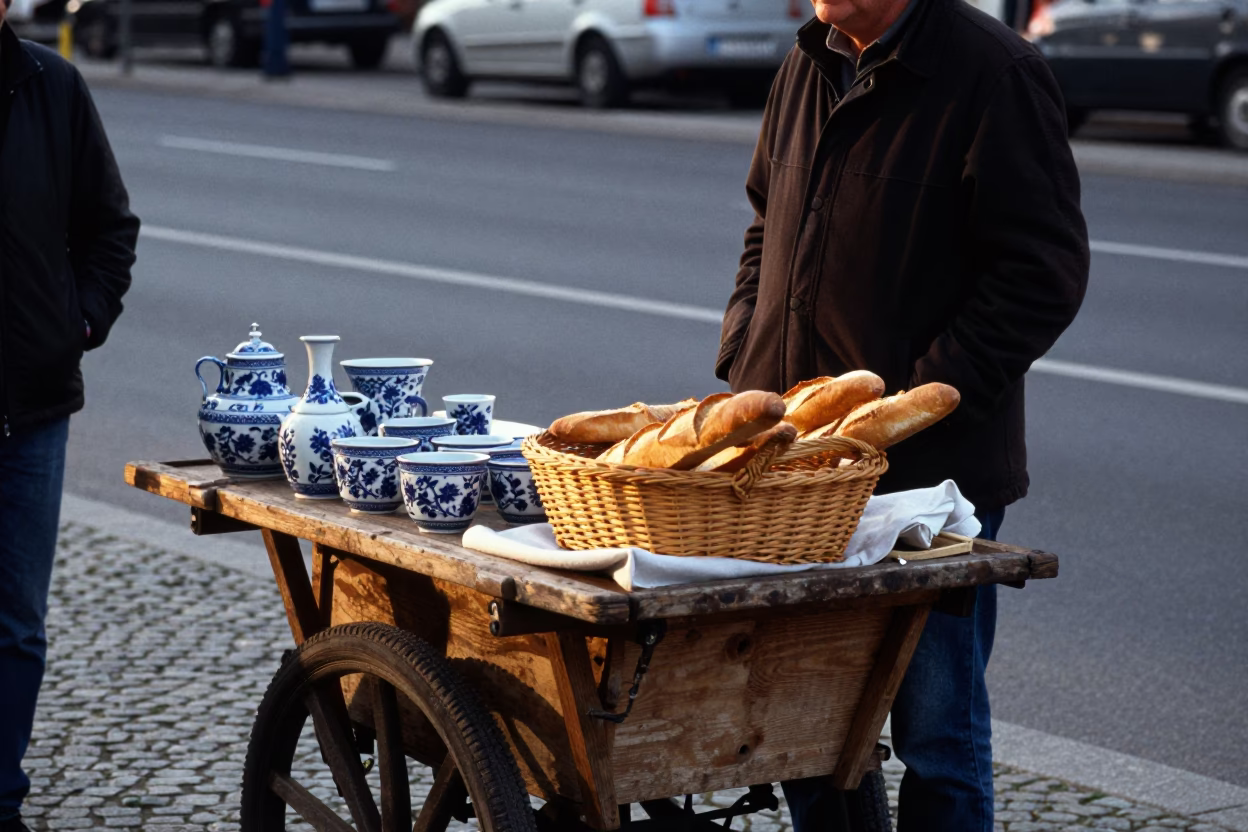 Late Afternoon Berlin Street Scene with Baguettes and Porcelain Jar on Cobblestone in in Berlin, Germany