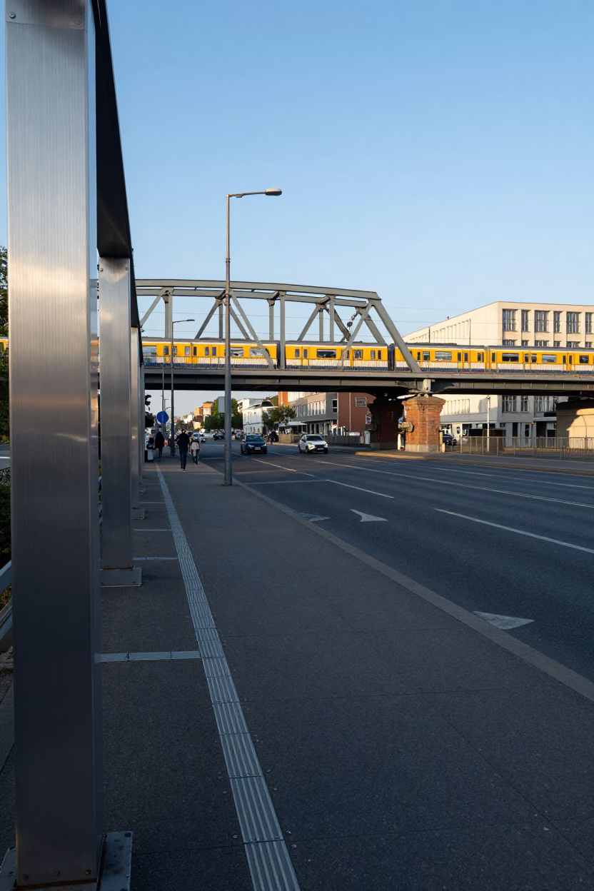 Late Afternoon Berlin Street Scene with Commuter Train Crossing Bridge and Urban Details in in Berlin, Germany
