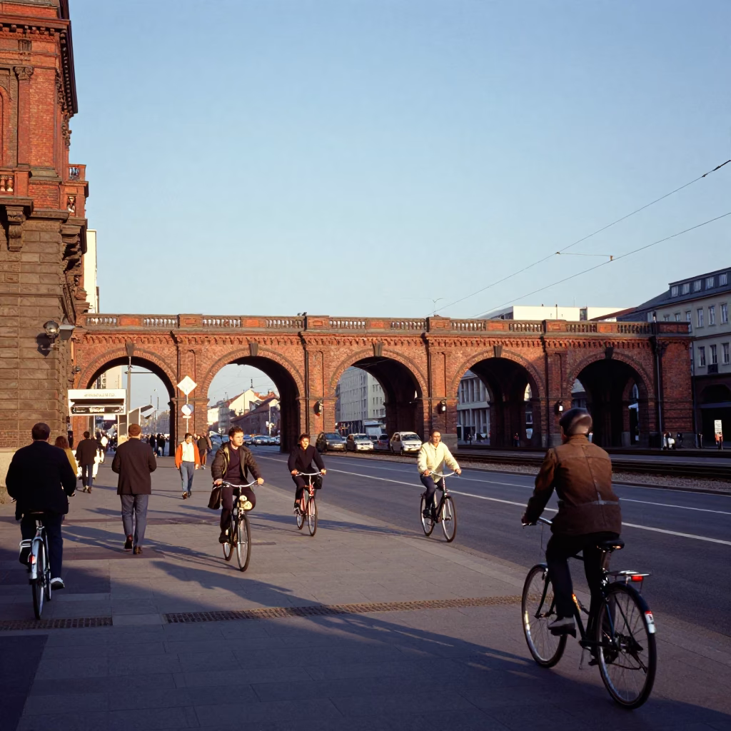 Late Afternoon Berlin Street Scene with Cyclists and Railway Viaduct Arches in in Berlin, Germany