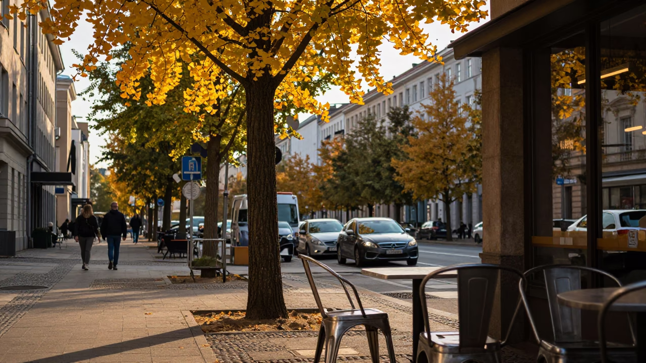 Late Afternoon Berlin Street Scene with Ginkgo Tree and Brushed Steel Chair in in Berlin, Germany