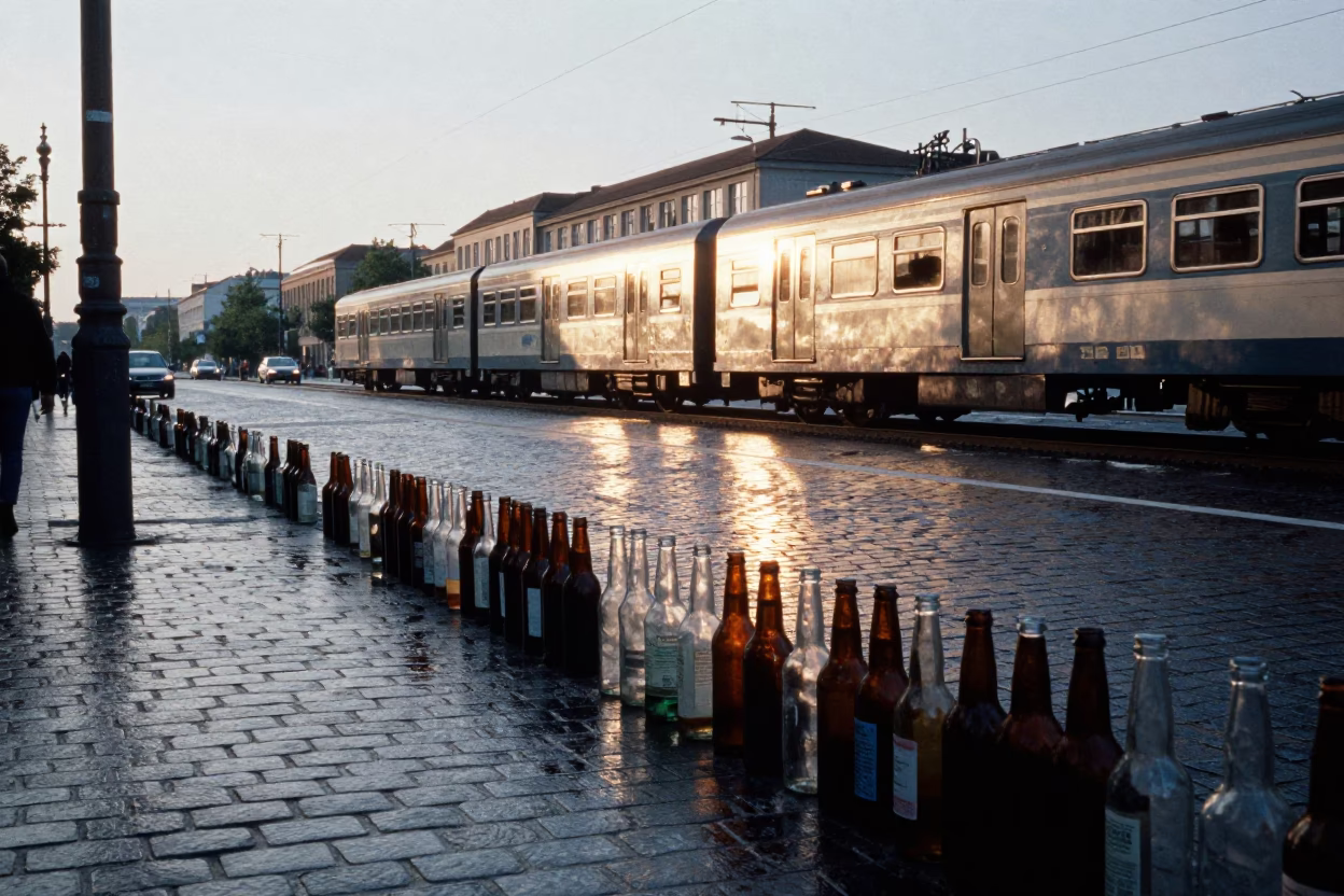 Late Afternoon Berlin Street Scene with Glass Bottles and Brass Rail in in Berlin, Germany