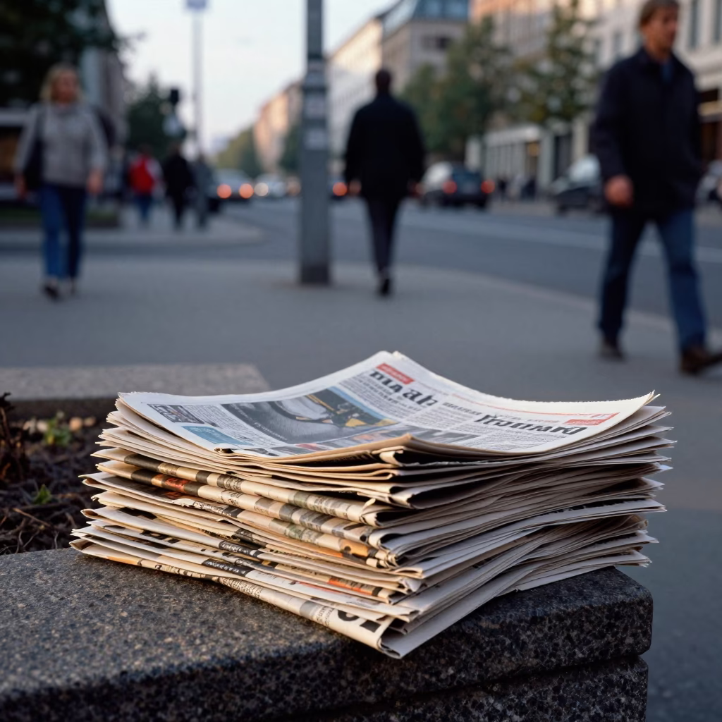Late Afternoon Berlin Street Scene with Newspaper Stack and Construction Site in in Berlin, Germany
