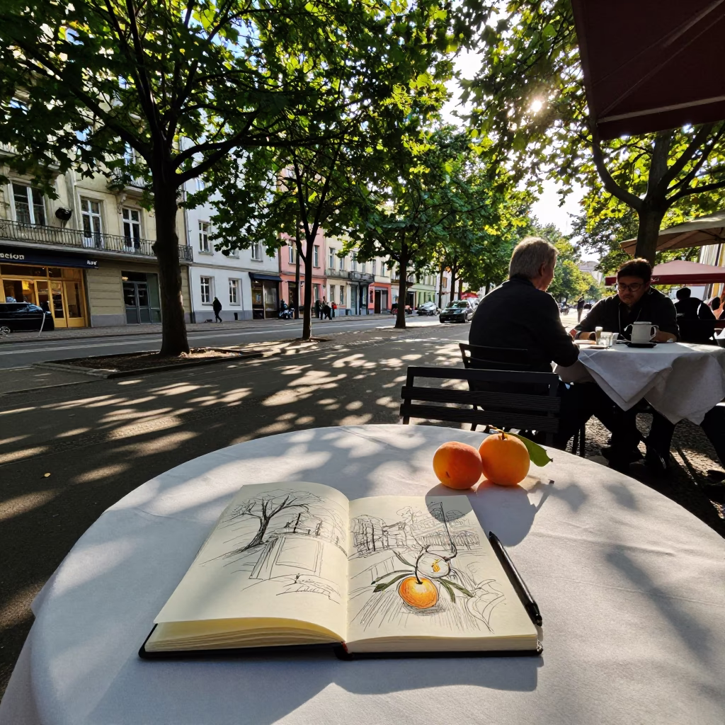 Late Afternoon Berlin Street Scene with Sketchbook and Apricots on Cafe Table in in Berlin, Germany
