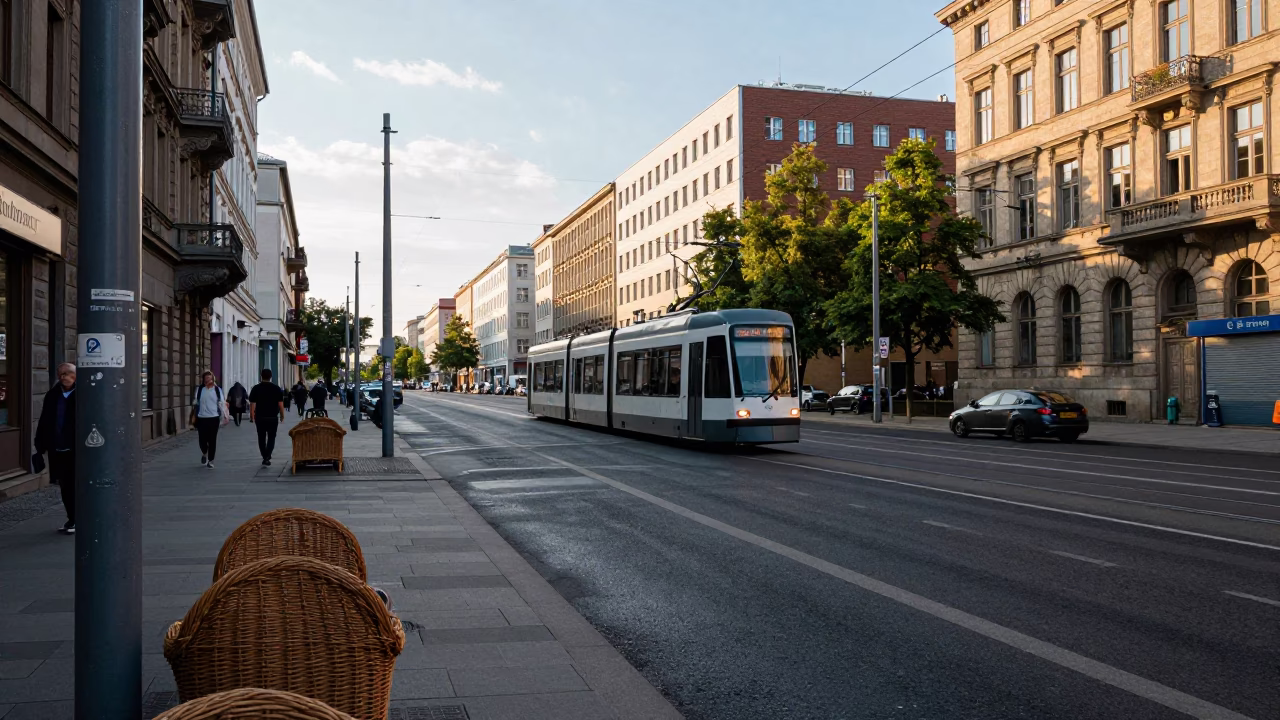 Late Afternoon Berlin Street Scene with Tram and Wicker Shadows in in Berlin, Germany