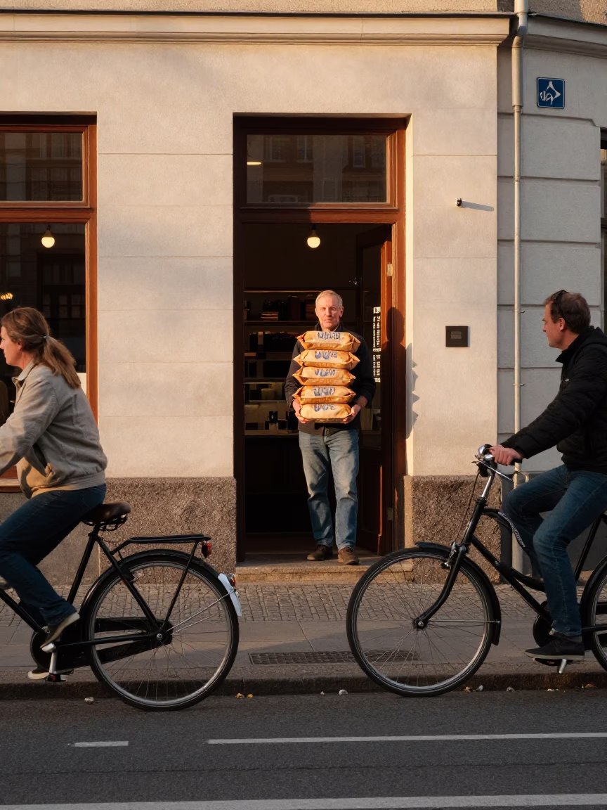 Late Afternoon Berlin Street Scene with Vintage Bicycle and Local Shopkeeper Interaction in in Berlin, Germany