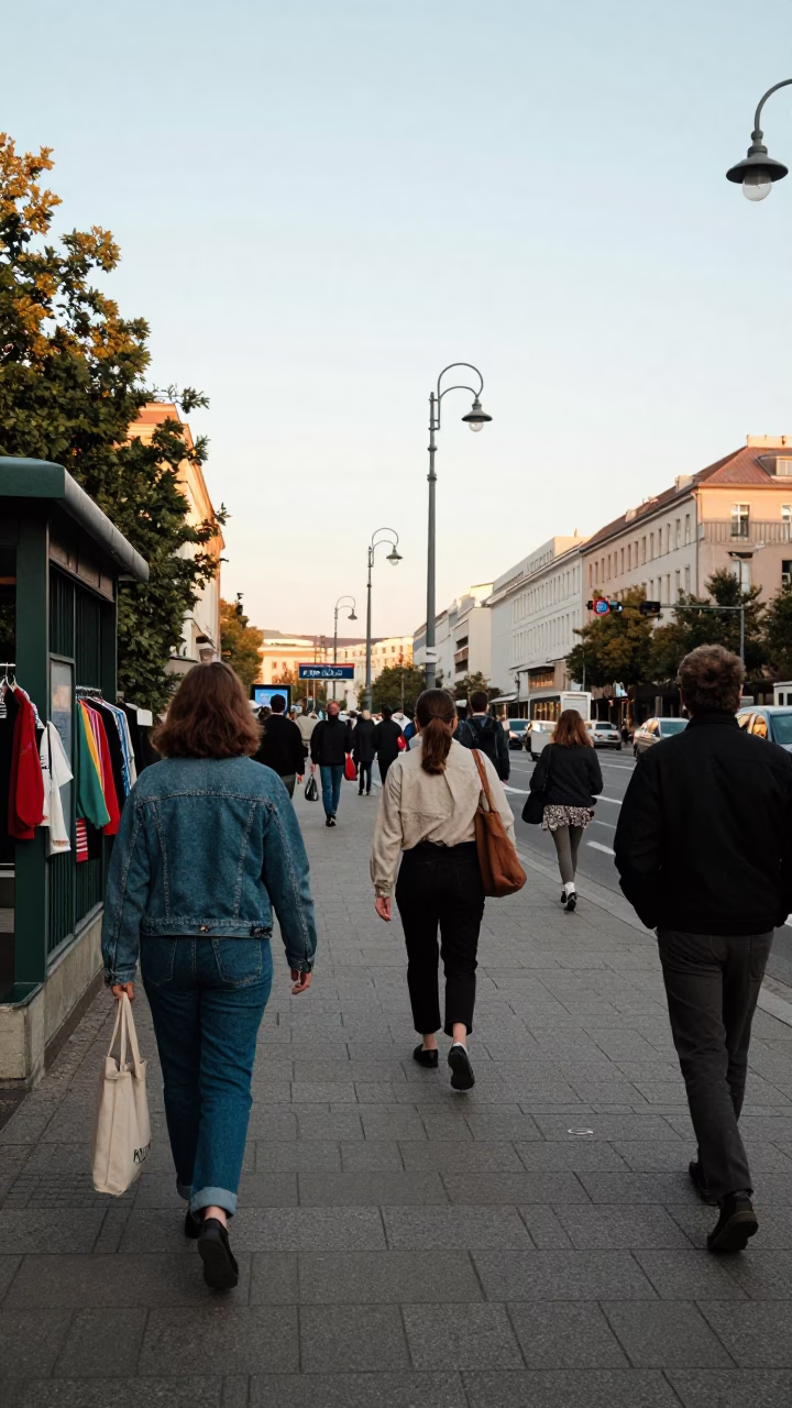 Late Afternoon Berlin Street Scene with Vintage Clothing and Urban Architecture in in Berlin, Germany