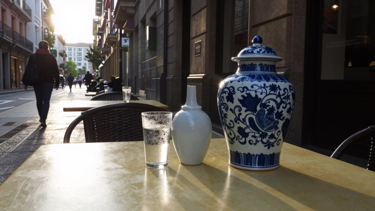 Late Afternoon Bilbao Street Scene with Blue Porcelain Jar and Condensation in in Bilbao, Spain