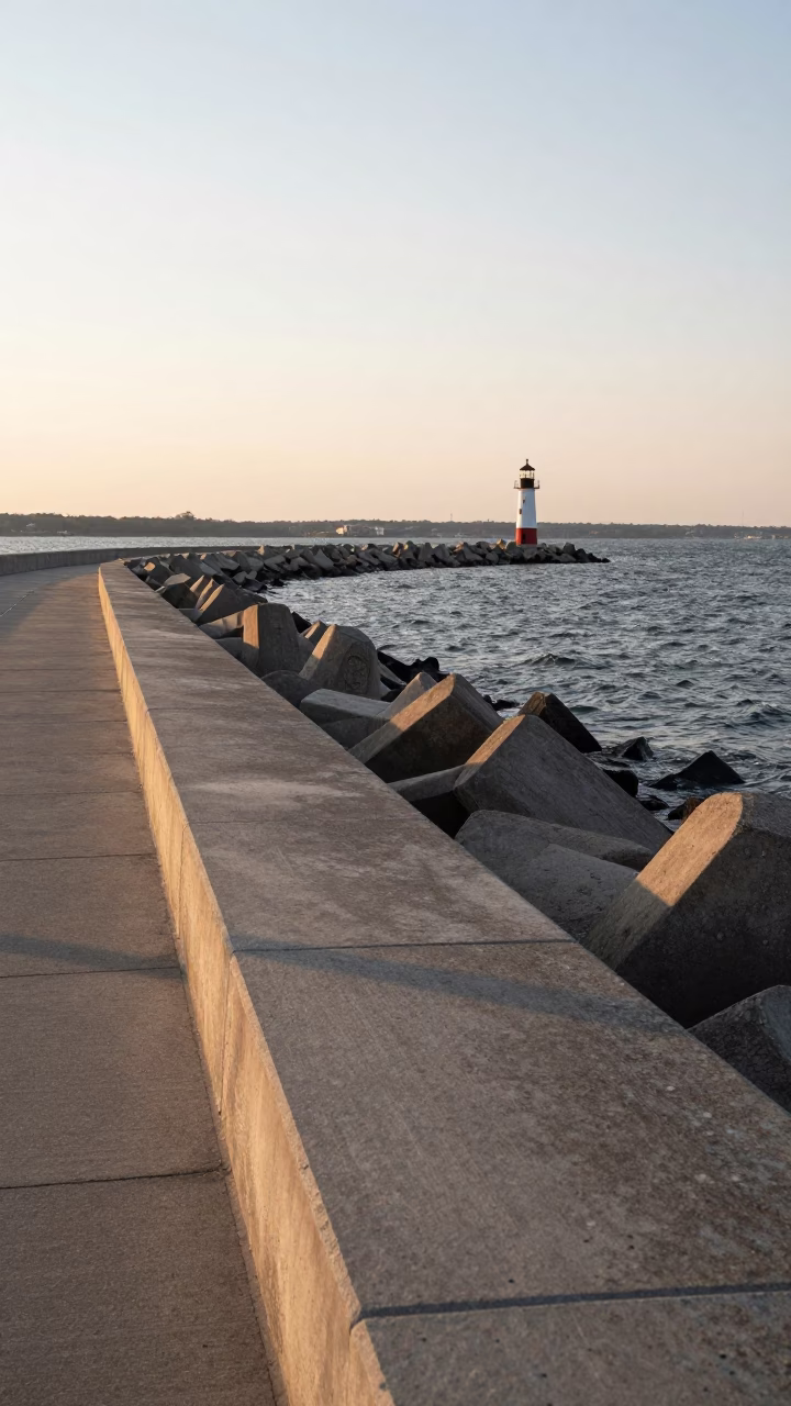 Late Afternoon Boston Harbor Breakwater View with Distant Lighthouse Beacon in in Boston, Massachusetts, United States