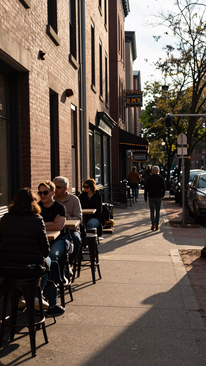 Late Afternoon Boston Street Scene with Bar Stools and City Life in in Boston, Massachusetts, United States