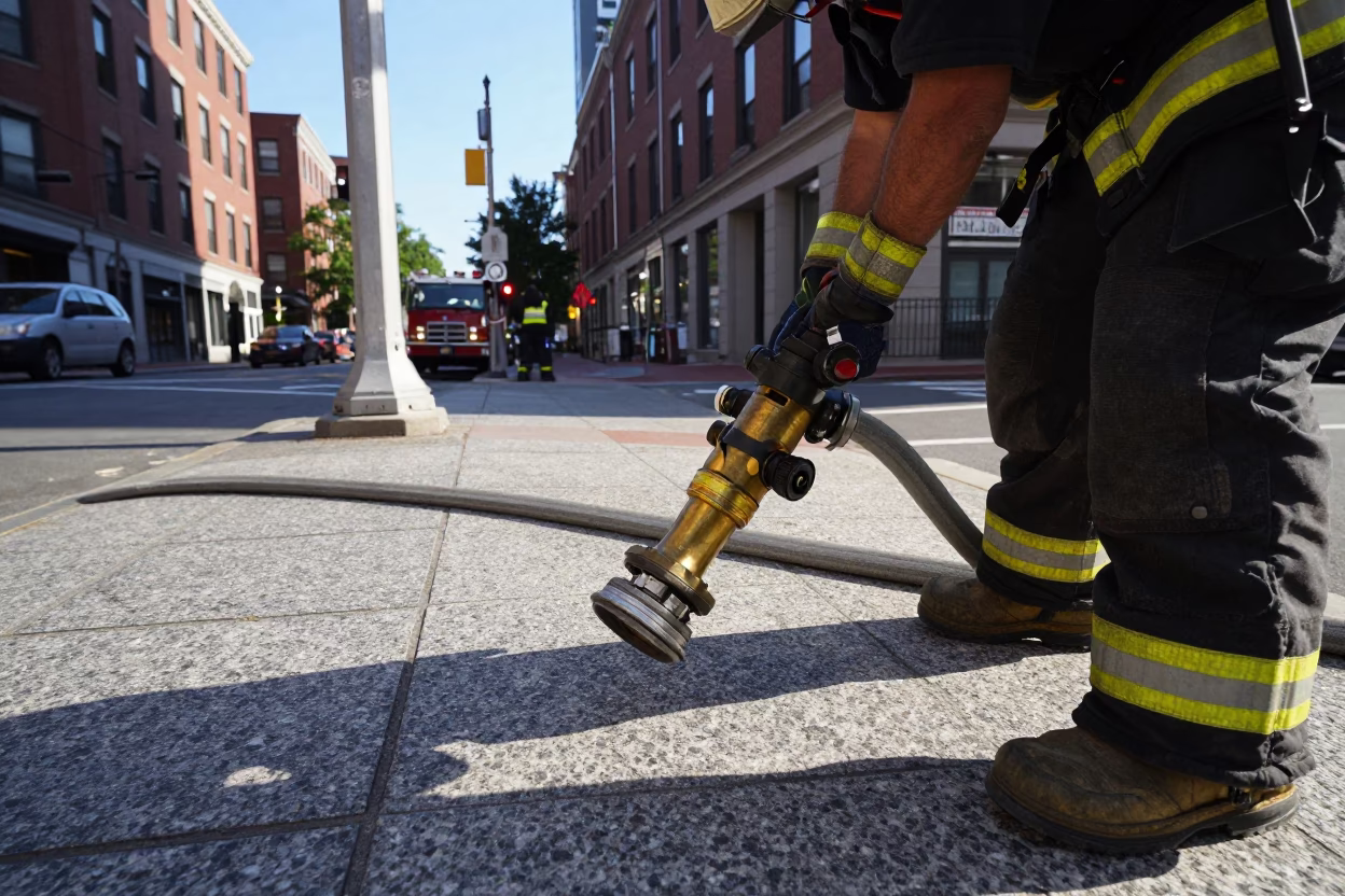 Late Afternoon Boston Street Scene with Hose Nozzle and Urban Details in in Boston, Massachusetts, United States