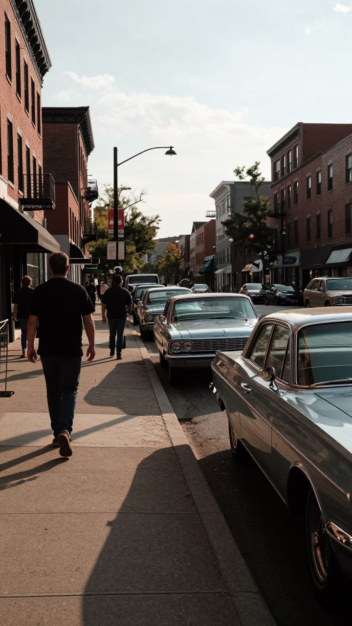 Late Afternoon Boston Street Scene with Vintage Cars and Red Brick Architecture in in Boston, Massachusetts, United States