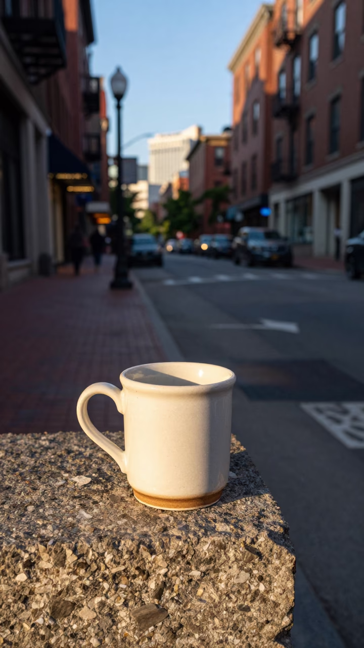 Late Afternoon Boston Street Scene with Vintage Cup and Urban Details in in Boston, Massachusetts, United States