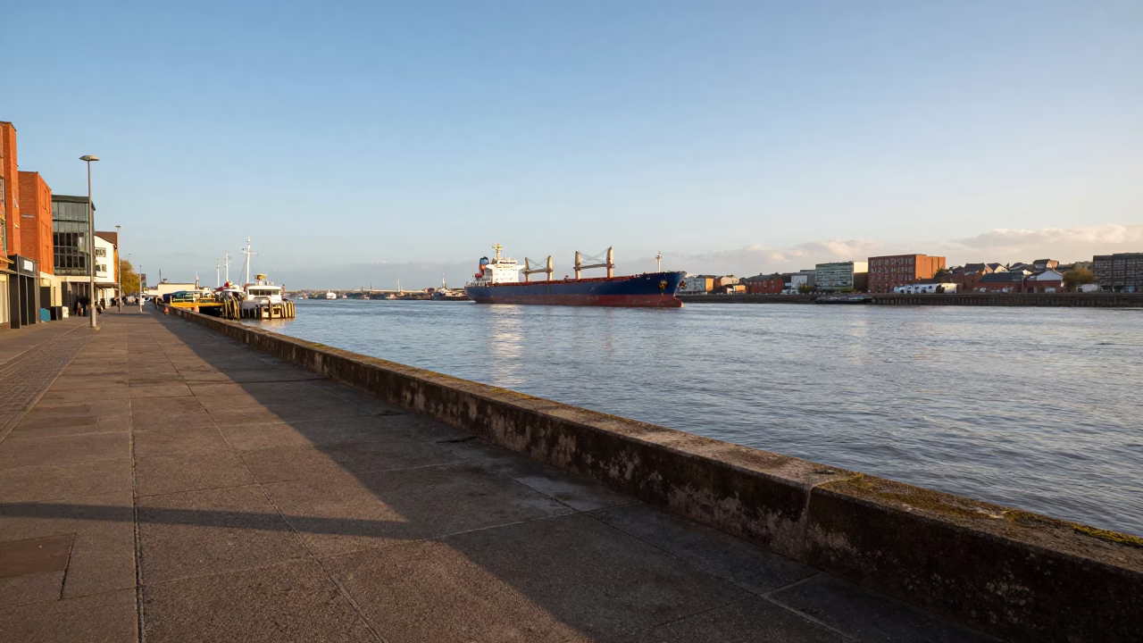Late Afternoon Bristol Harbor View with Cargo Ship on Horizon and Urban Waterfront in in Bristol, United Kingdom