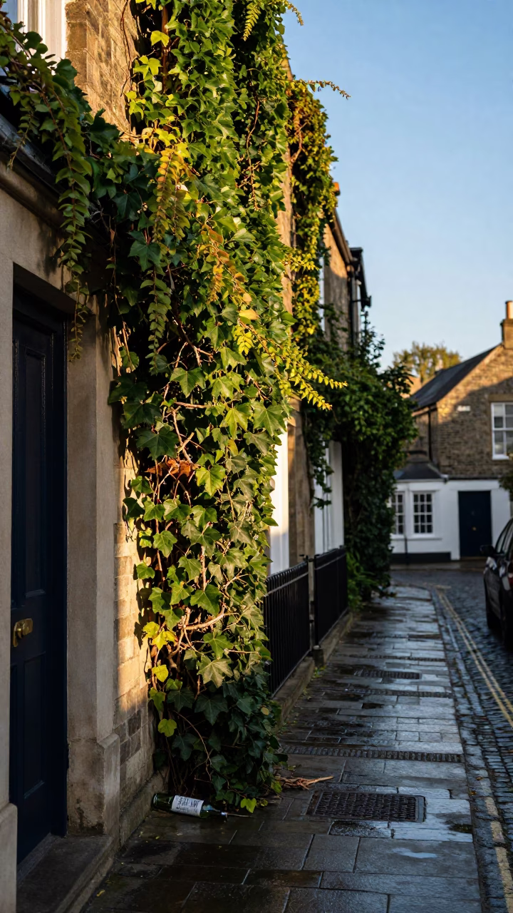 Late Afternoon Bristol Street Scene with Climbing Ivy and Glass Bottles on Cobblestones in in Bristol, United Kingdom