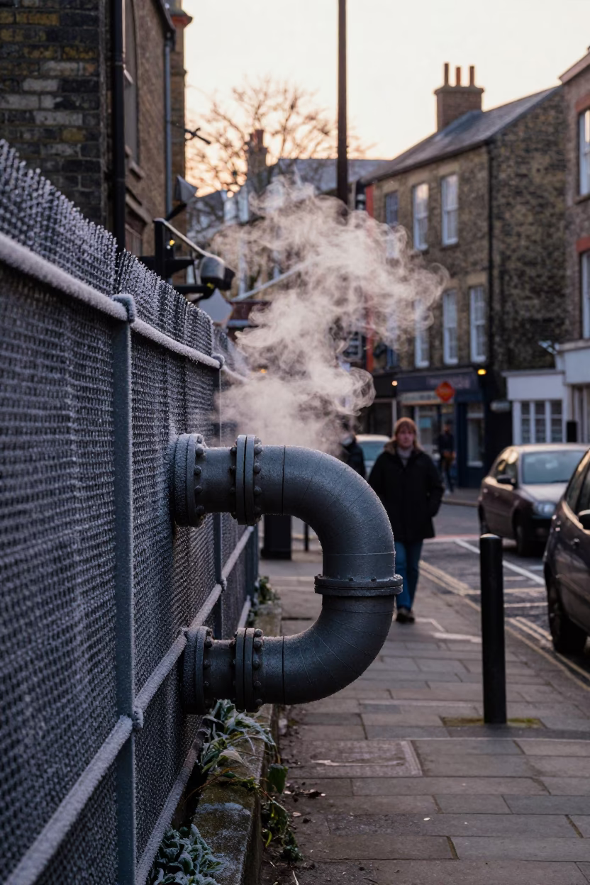 Late Afternoon Bristol Street Scene with Steaming District Heating Pipe and Autumn Colors in in Bristol, United Kingdom