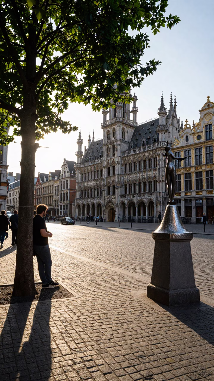 Late Afternoon Brussels Street Scene with Hammered Metal and Violin Case in in Brussels, Belgium