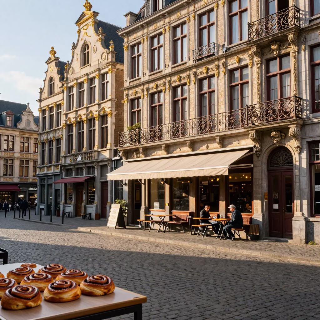 Late Afternoon Brussels Street Scene with Kanelbullar Cinnamon Rolls and Urban Architecture in in Brussels, Belgium