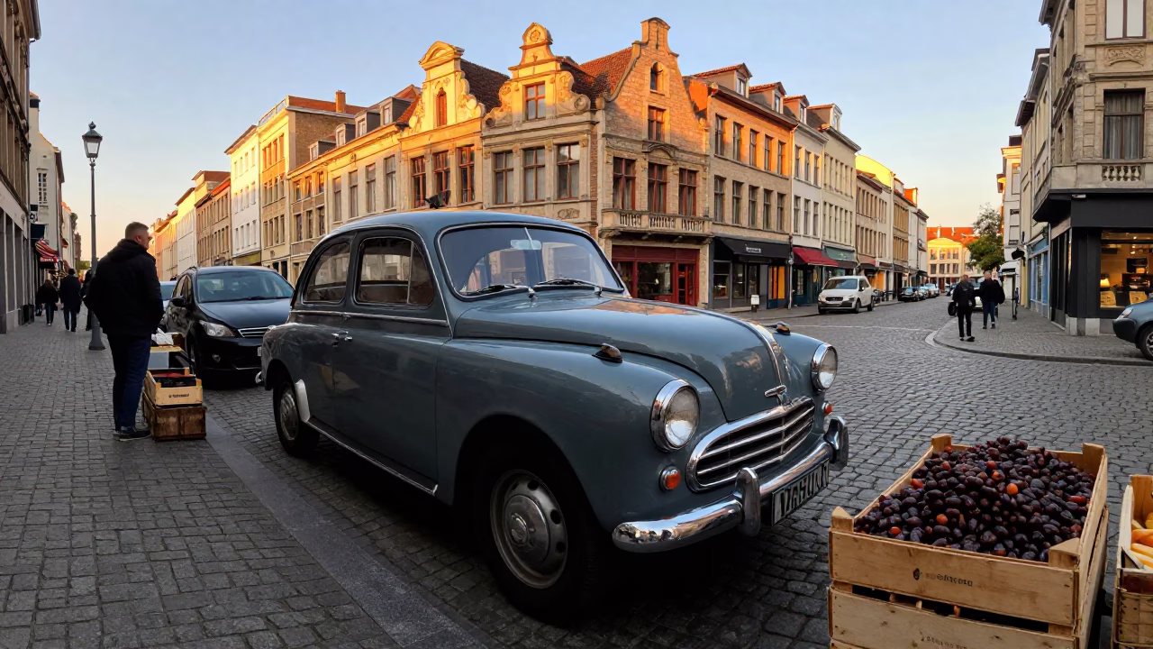 Late Afternoon Brussels Street Scene with Vintage Car and Fruit Crate in in Brussels, Belgium