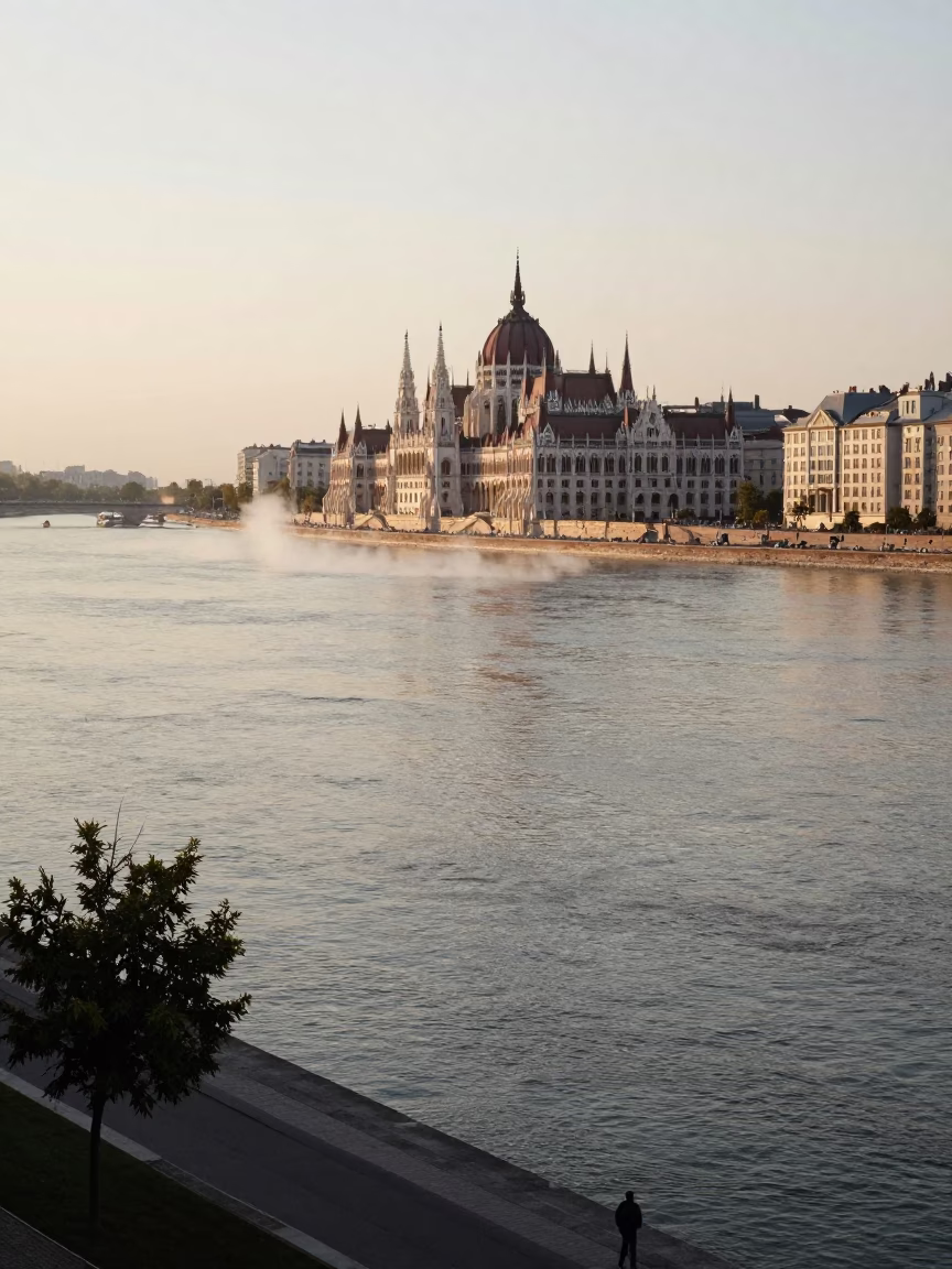 Late Afternoon Budapest Danube River Scene with Steam Haze and Historic Architecture in in Budapest, Hungary