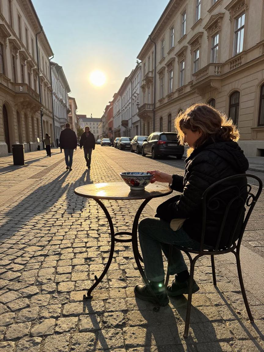 Late Afternoon Budapest Street Scene with Ceramic Bowl and Tea Stains in in Budapest, Hungary