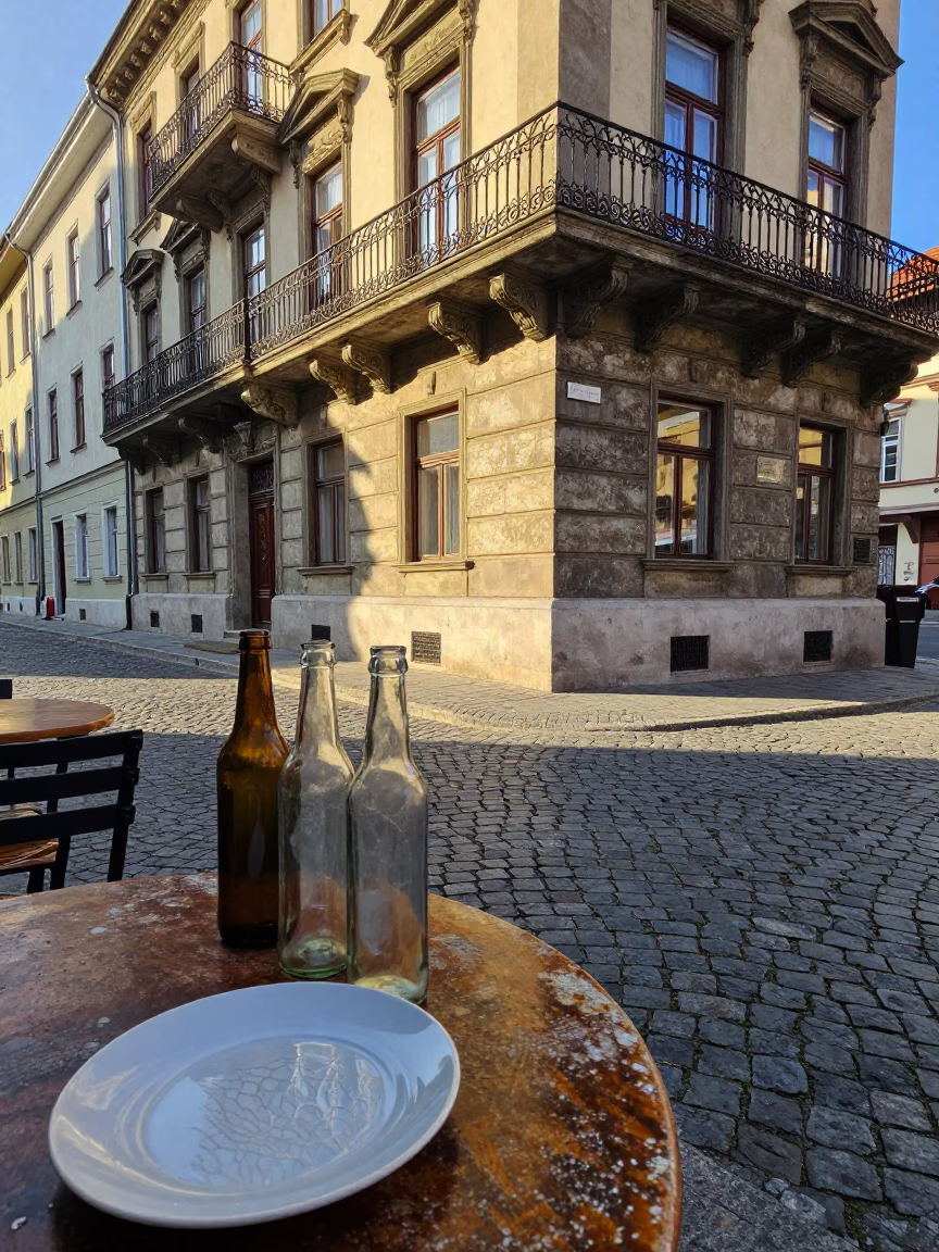Late Afternoon Budapest Street Scene with Glass Bottles and Porcelain Details in in Budapest, Hungary