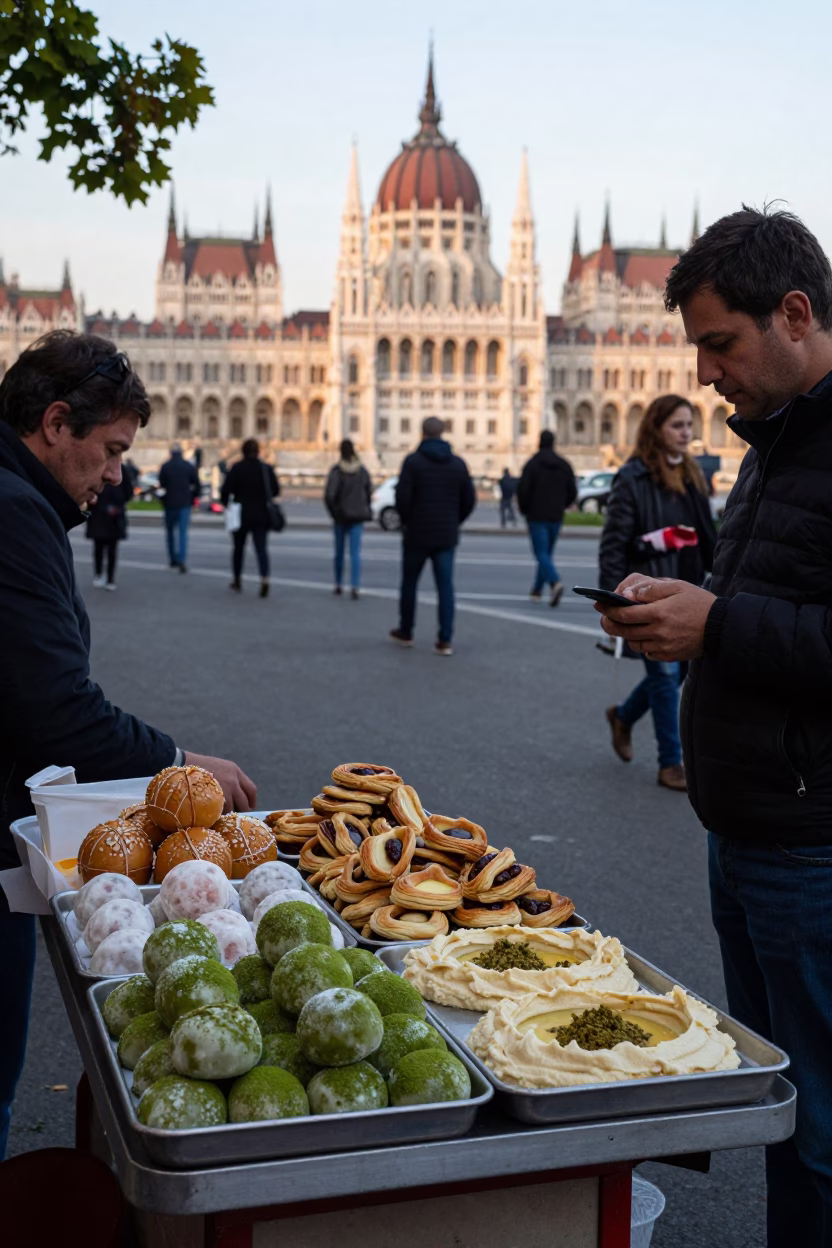 Late Afternoon Budapest Street Scene with Traditional Pastries and Urban Architecture in in Budapest, Hungary