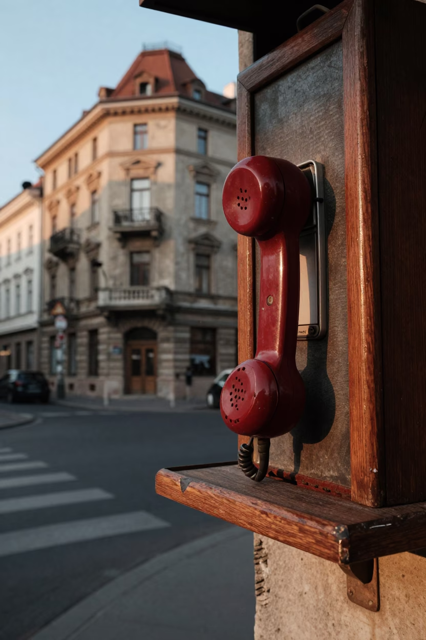 Late Afternoon Budapest Street Scene with Vintage Bakelite Telephone and Rusty Rail Details in in Budapest, Hungary