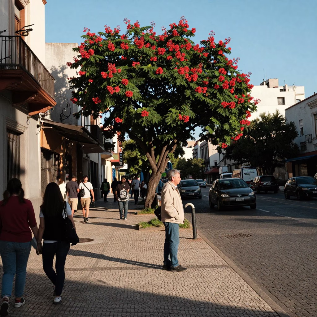 Late Afternoon Buenos Aires Street Scene with Chestnut Tree and Glass Tumbler in in Buenos Aires, Argentina