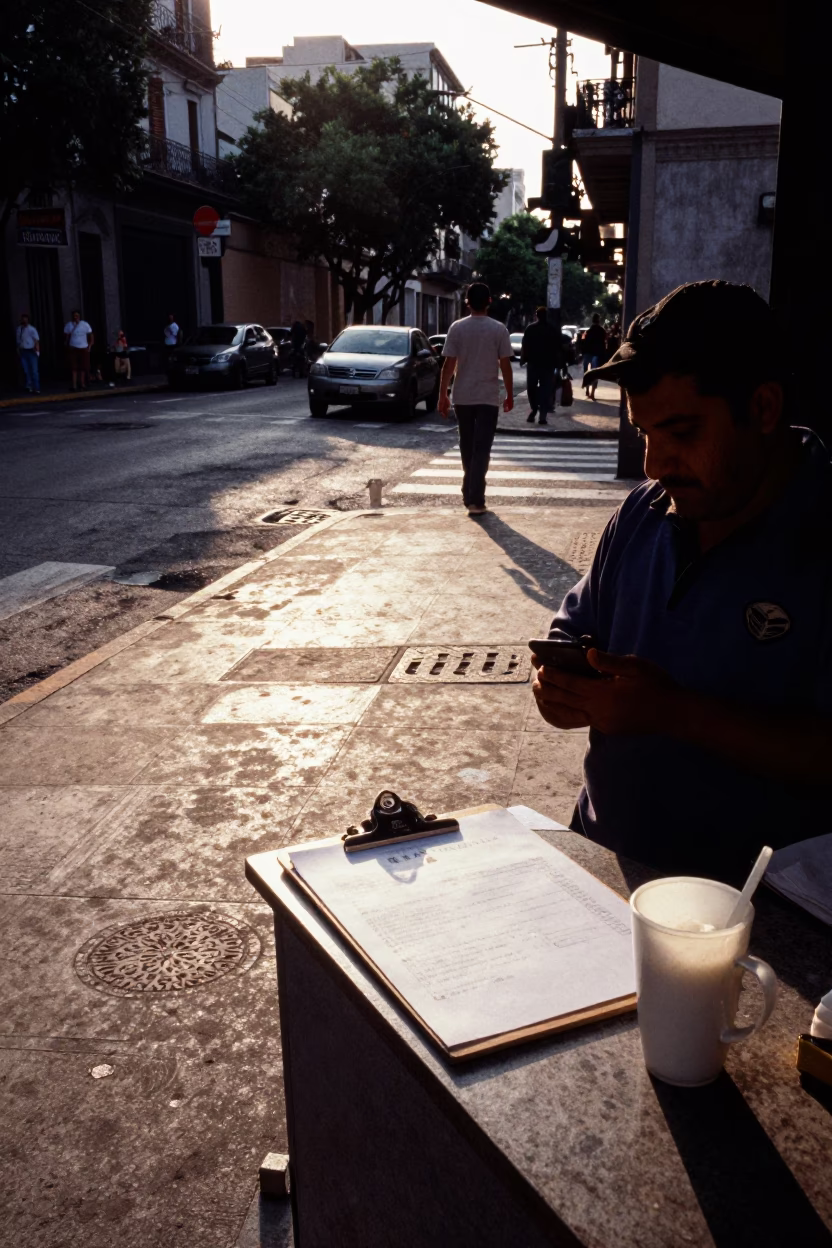 Late Afternoon Buenos Aires Street Scene with Clipboard and Carafe in Local Neighborhood in in Buenos Aires, Argentina