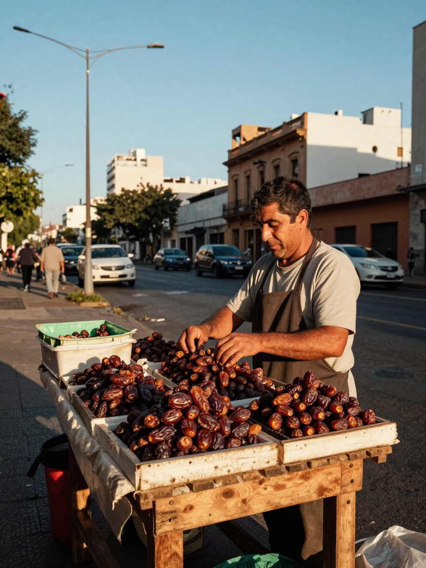 Late Afternoon Buenos Aires Street Scene with Local Vendor and Fresh Produce in in Buenos Aires, Argentina