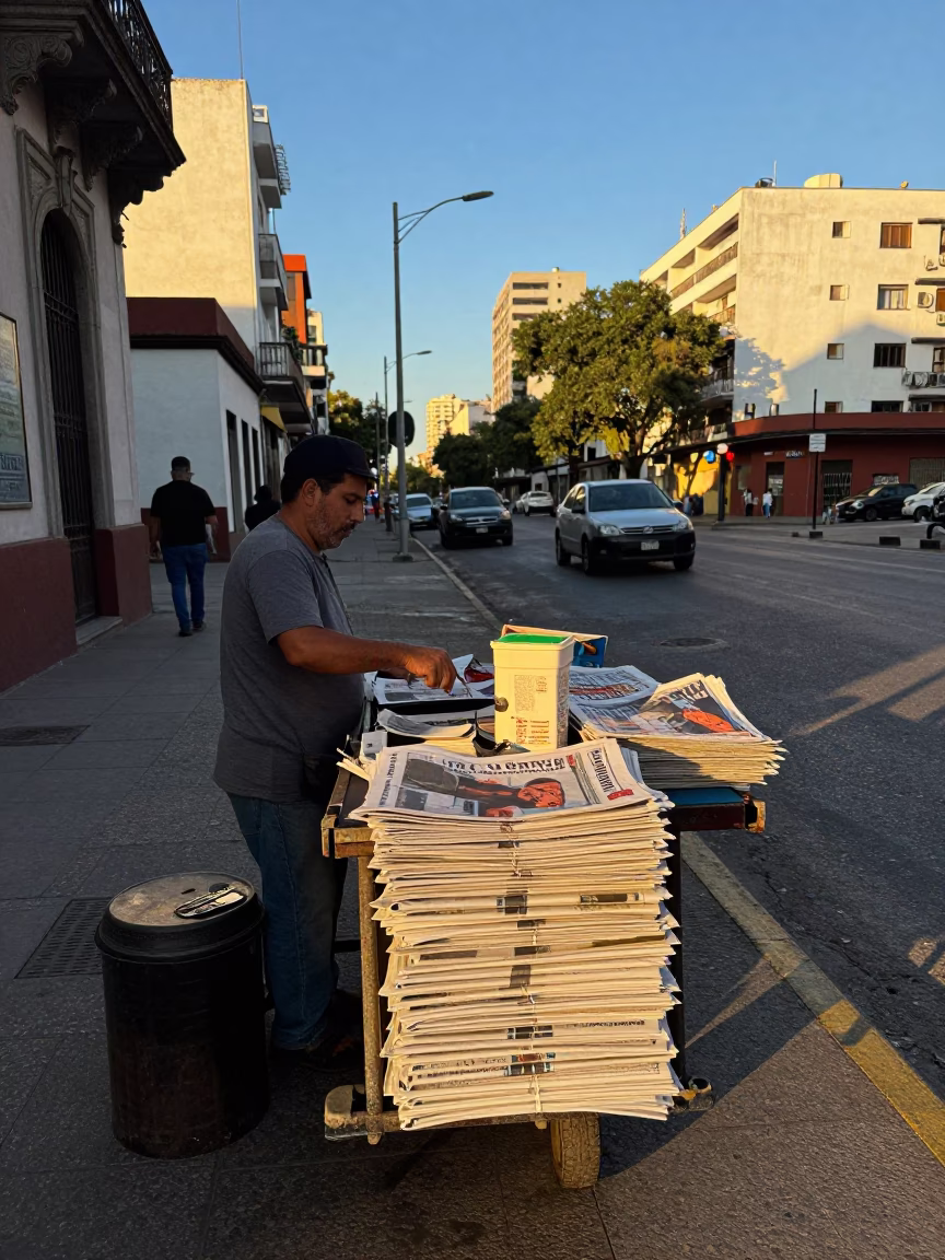 Late Afternoon Buenos Aires Street Scene with Newspaper Stack and Porcelain Jar in in Buenos Aires, Argentina