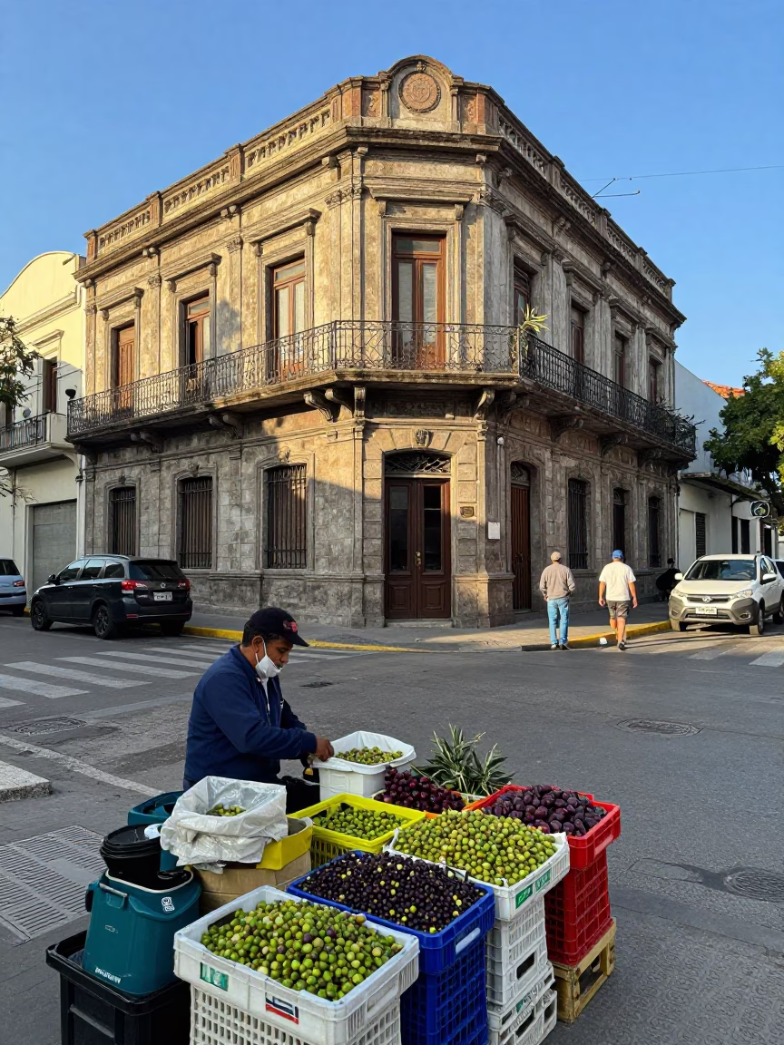 Late Afternoon Buenos Aires Street Scene with Olives and Local Market Activity in in Buenos Aires, Argentina