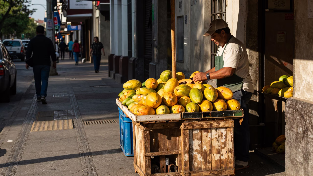 Late Afternoon Buenos Aires Street Scene with Papayas and Local Market Activity in in Buenos Aires, Argentina