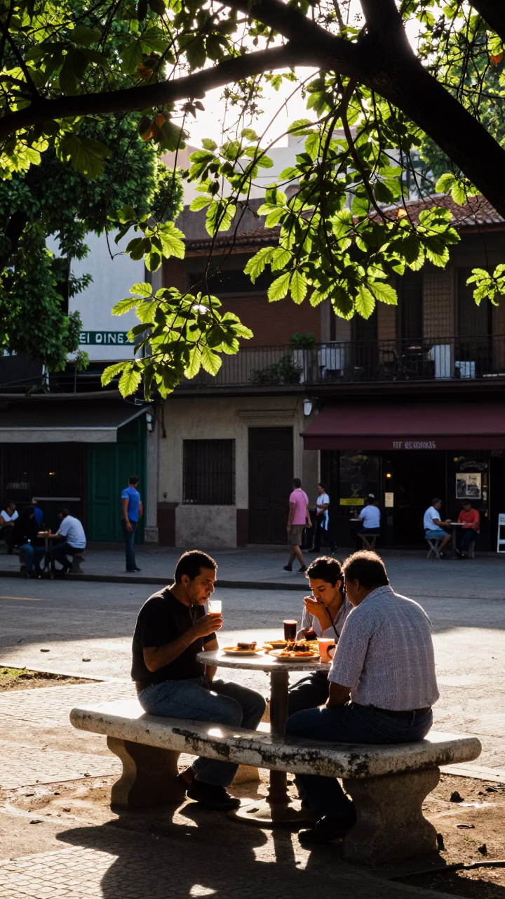 Late Afternoon Buenos Aires Street Scene with Traditional Aji de Gallina Lunch in in Buenos Aires, Argentina